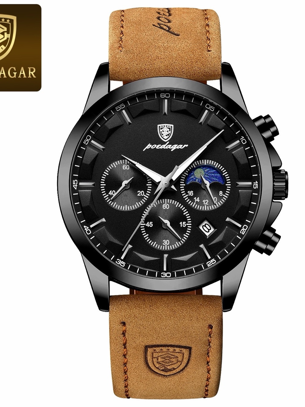 Poedagar Men's Black Dial Watch with Tan Leather Strap - Chronograph Style